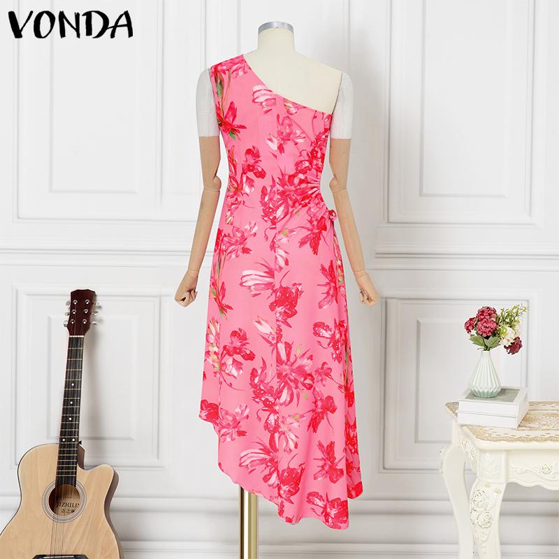 VONDA Women One Shoulder Sleeveless Twisted Waist Floral Print Irregular Holiday Dress