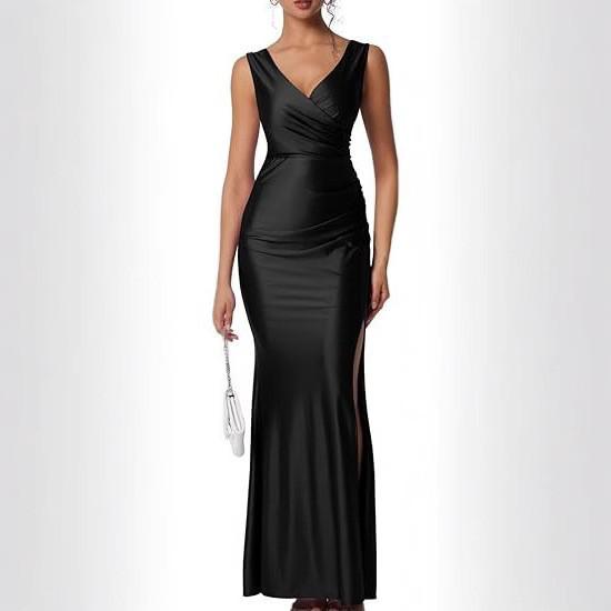 Vestido Satinado de Color Sólido Europeo y Americano Delgado con Abertura y Diseño ceñidor de Cintura