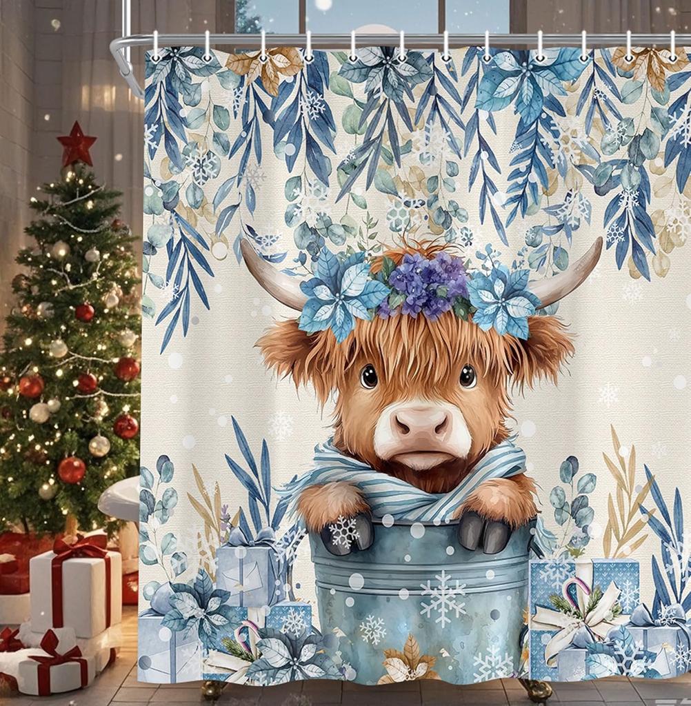 Winter Christmas Shower Curtain,Holiday Blue Snowman Bath Curtain Xmas Gift,Eucalyptus Leaf Flower Floral Bathroom Accessories