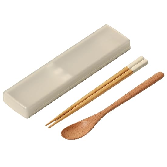 ansio Quiet Antibacterial Chopsticks and Spoon 18cm with Sliding Case Set, Natural Wood, Sand Beige, B0DKNKV844
