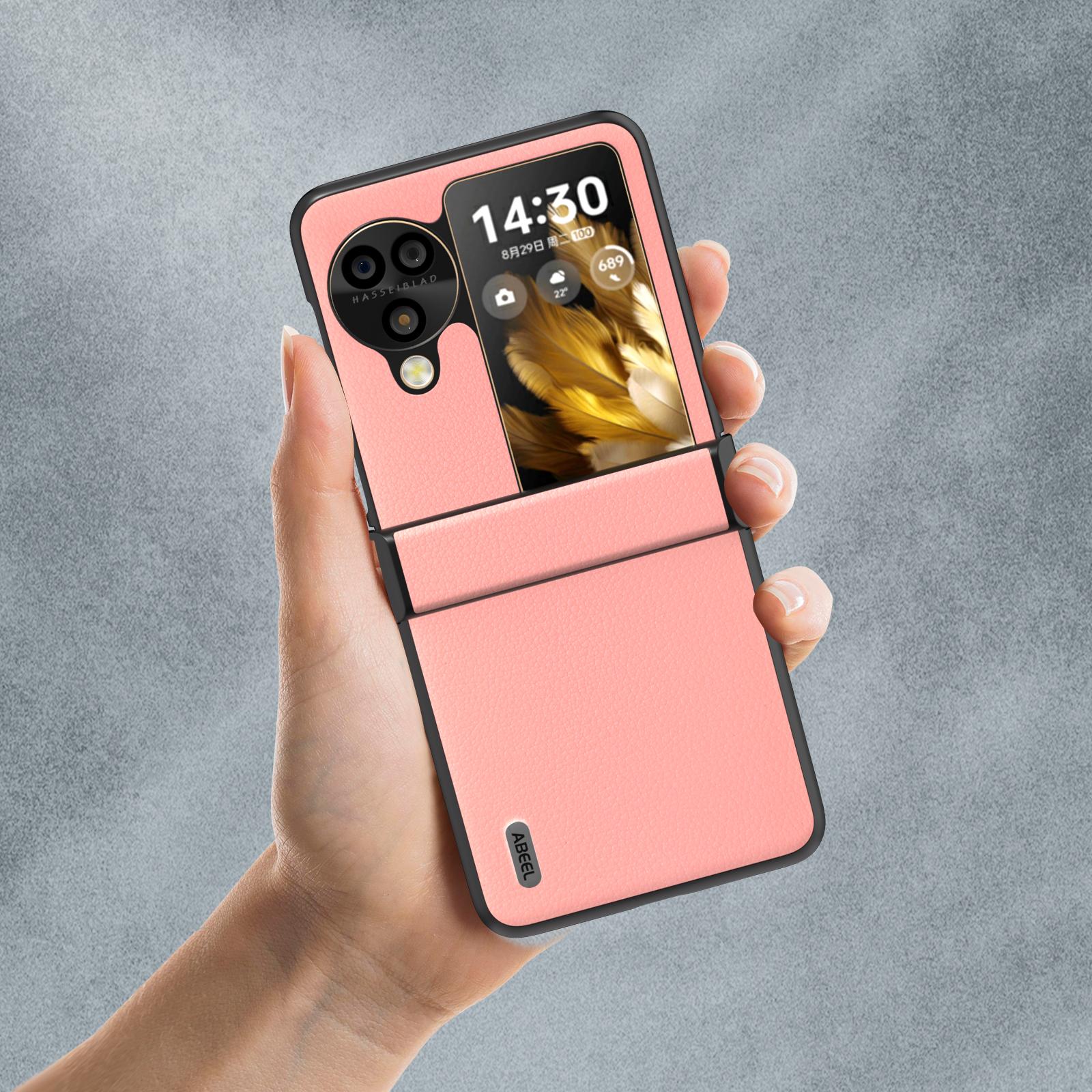 

ABEEL For Oppo Find N3 Flip 5G Case Hinge Design Genuine Cow Leather+PC Phone Cover Pink