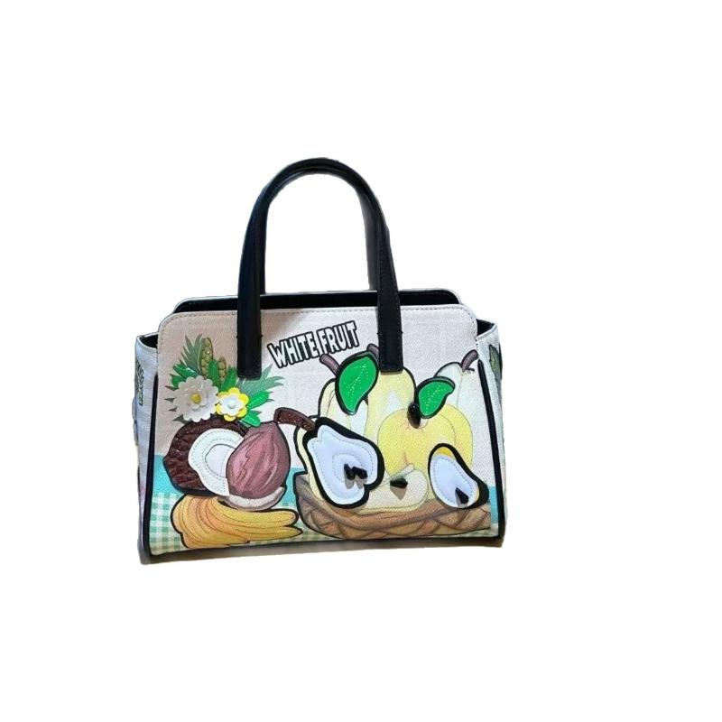 High-end PU Leather Women's Handbag Practical Front Back Two-side Use Ladies Crossbody Bag Fashion Splicing Fresh Sweet Fruit Embroidery Messenger Bag
