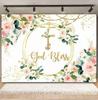 First Holy Communion Backdrop Thanks Pastor God Bless Green Leaf Cross Boy Girl Baby Baptism Party Decor Photography Background17