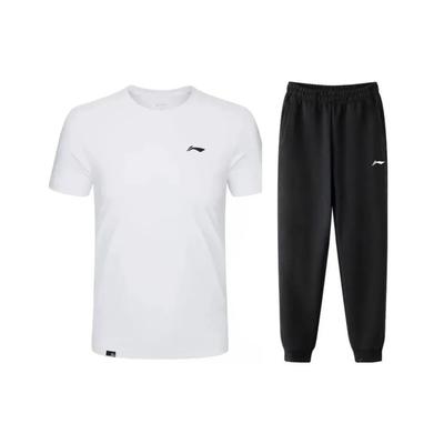 Solid Color Lightweight Round Neck Pullover Short Sleeve Mid Waist Elastic Long Pants Casual Sports Suit Unisex Suit AHST575-0+-AKLT805-1
