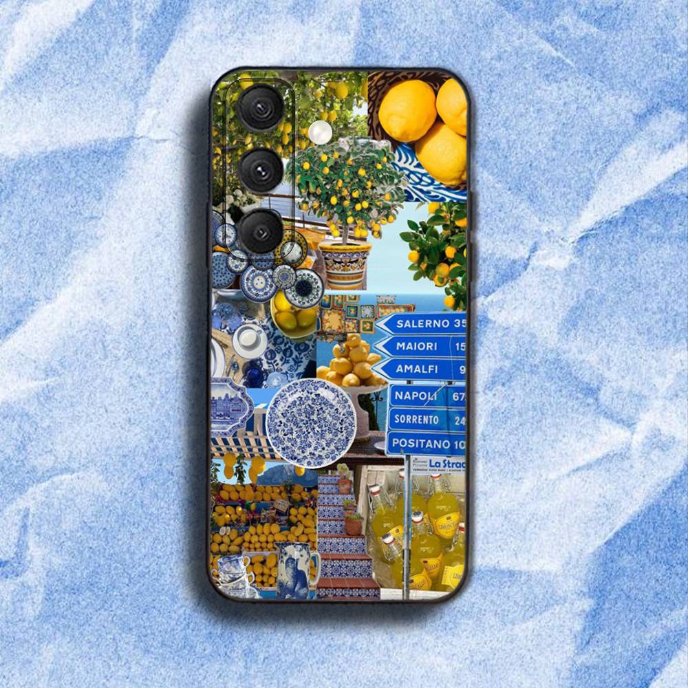 

European Amalfi Coast Lemon Phone Case For Samsung S 25,24,23,22,30,21,10,9,Ultra,Plus,Lite,FE,4,5G Black Soft Case samsungS22plus5G