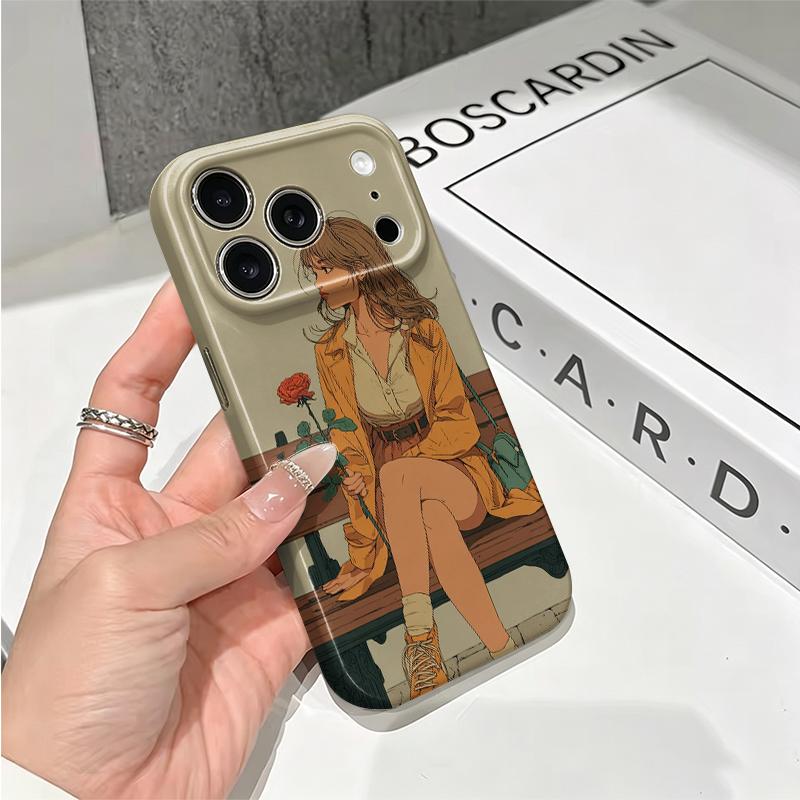 Vintage Lady Red Rose Park Bench Graphic Art Film Aesthetic Protective Shockproof Bumper Phone Case For iPhone 14 15 16 Pro Max Plus