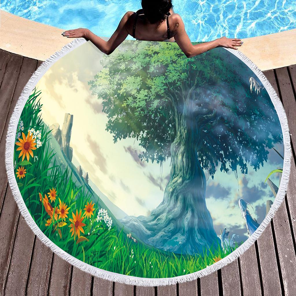 Tree of Life Round Beach Blanket with Tassels Polyester Sandproof Beach Towel,Absorbent Quick Dry Pool Towel Portable Picnic Mat