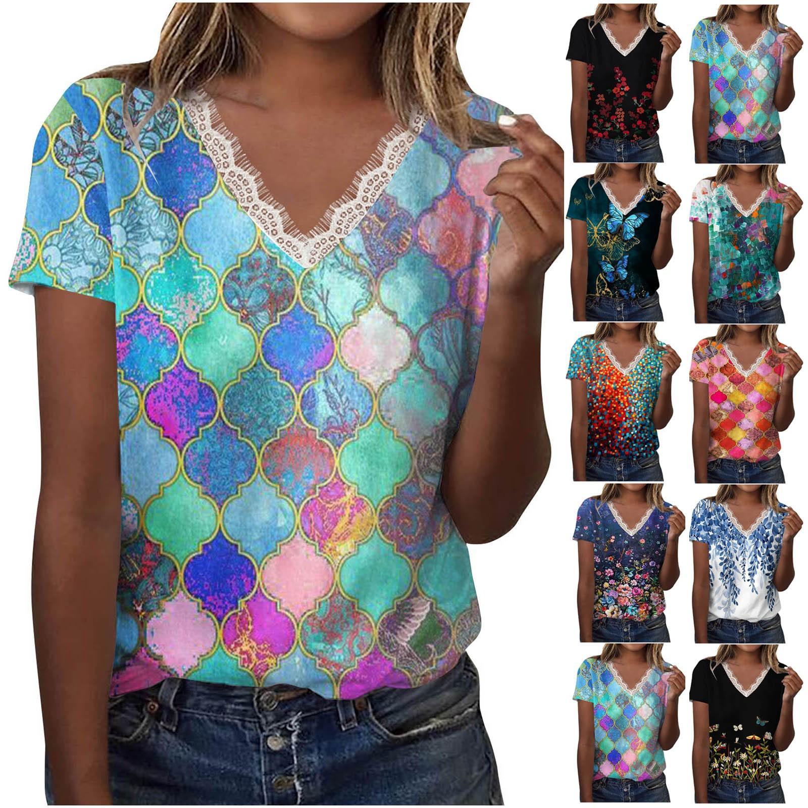 

Women Casual Loose Shirts V Neck Short Sleeve Flower Print Lace Tops T-shirts Tee