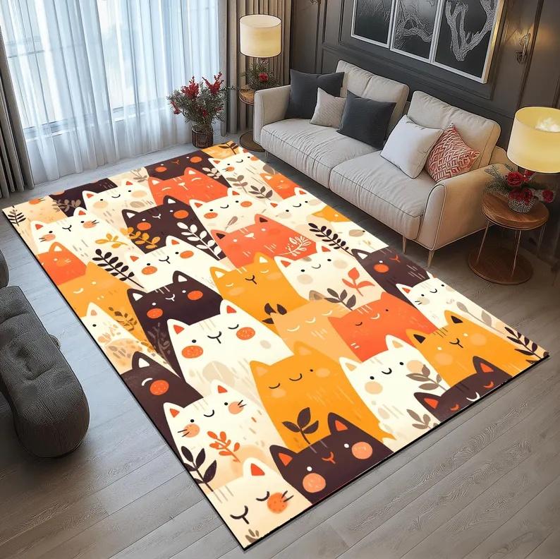 Skládaný kočičí koberec Barevný abstraktní kreslený kočičí koberec Pokoj pro milovníky koček Dekorace obývacího pokoje Podložka na podlahu Rohožka ke vchodu