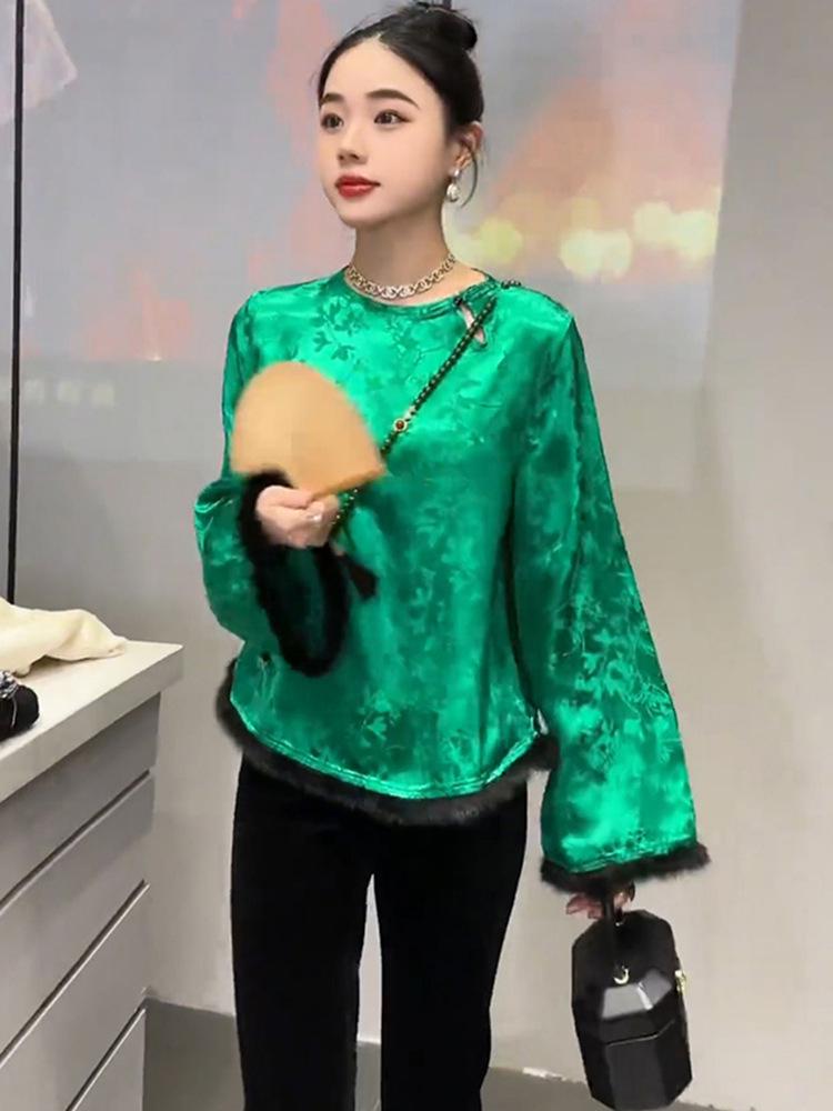 

Women s Autumn/Winter Chinese Style Long-Sleeve Fur-Trimmed Buttoned Shirt Extra Large темно-зелений колір