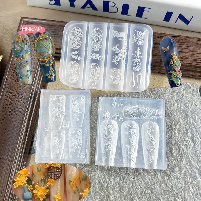 3D Silicone Nail Mold Flower Peacock Chinese Style Relief Transparent Manicure Design Tool DIY Nail Art Decoration