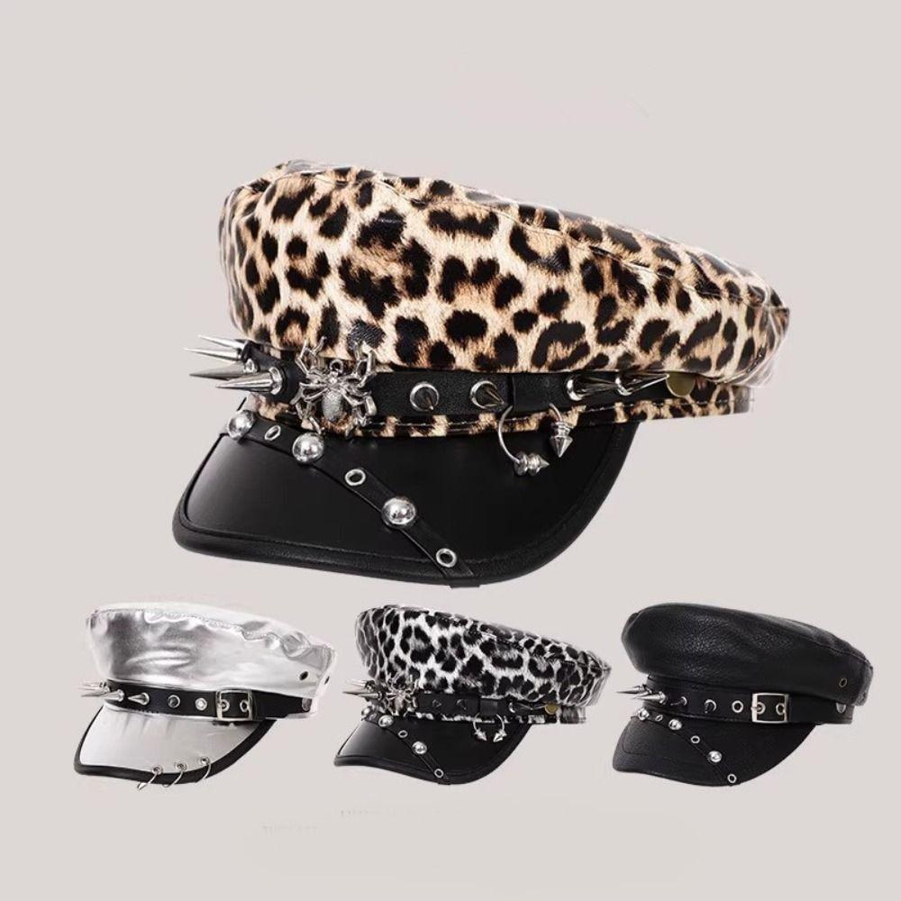 Punk Y2k Beret Hat Harajuku Flat Top Cap Vintage Rivet Leopard Hat  for Girls