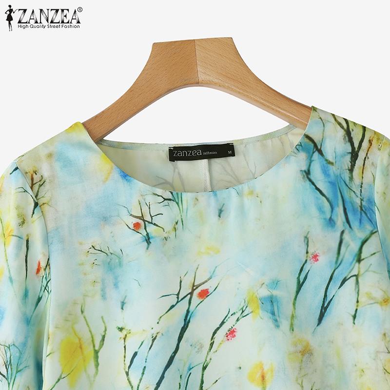 ZANZEA Women Casual Round Neck Loose 3/4 Sleeve Print Blouse