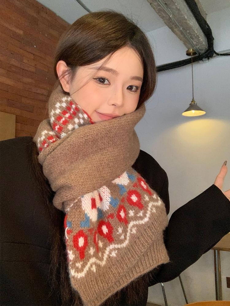 New Women'S Men Brown Floral Print Knitted Scarf Winter Warm Soft Korean Fashion Boho Wrap Scarves For Ladies Male Sweet Casual