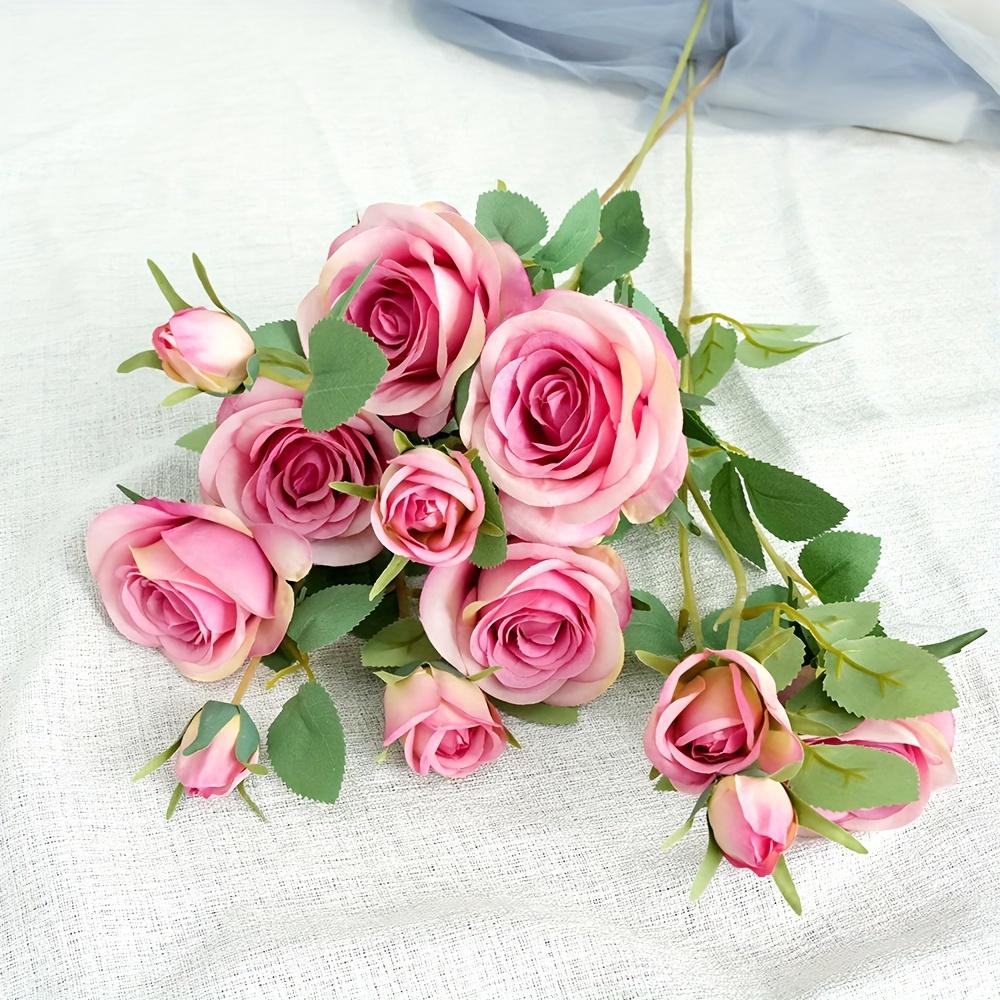 

1Pc 4 Heads Silk Roses Artificial Flowers Fake Roses Bouquet with Long Stem Realistic Roses Bouquet for Home Wedding Decoration розовый
