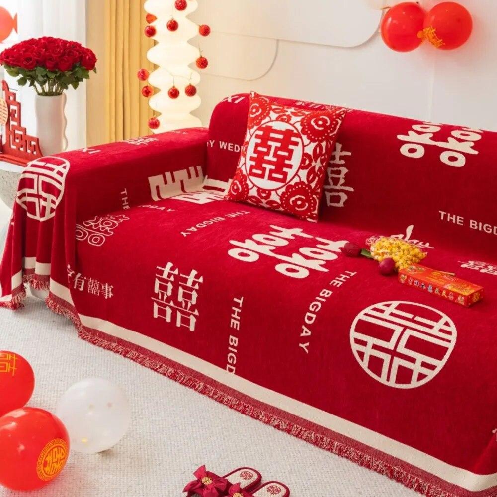 Chinese Wedding Sofa Cushion Cover Double Side Couch Cover Sofa Slipcover Universal Jubilant Anti-cat Sofa Cover 1.2.3.4 Seat