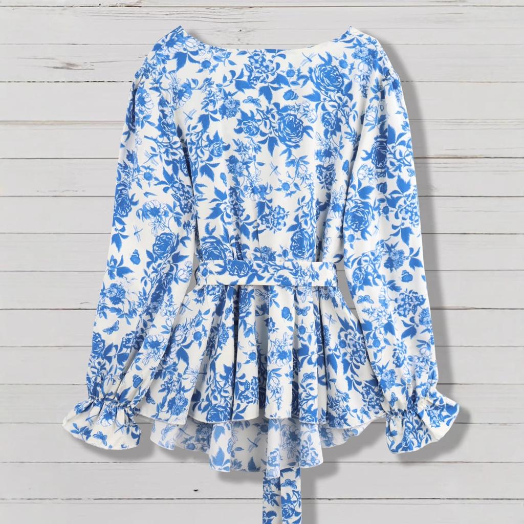 Nowa Damska Koszula z Długim Rękawem, Wzór, Dekolt V, Sznurowanie, Elegancki i Luźny Top