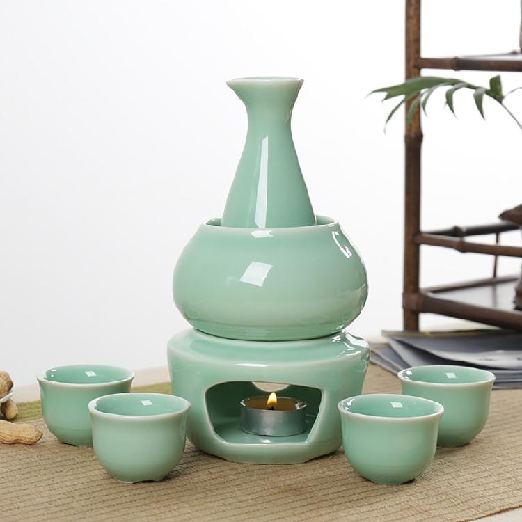 Japanese Drinking Set Contains Heat Resistant Sake Carafe Bottle 4 Cups Warmer Candle Stove Birthday Housewarmings Gift