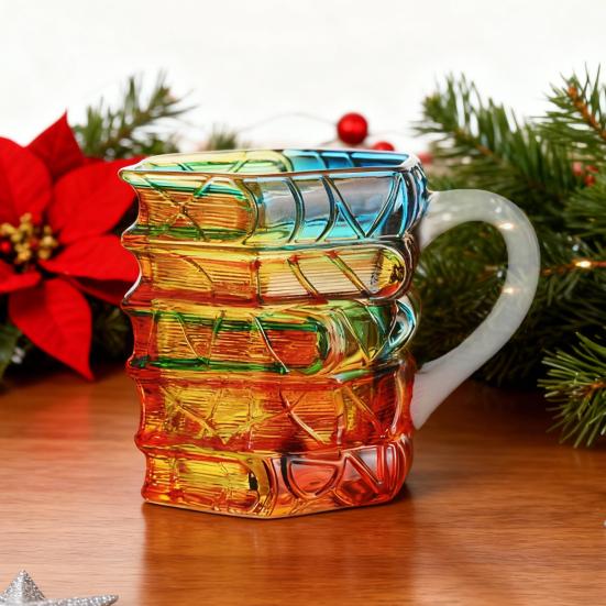 Hand-Painted Book Mug 3D Glass Design Novelty Stacked Book Coffee Cup Literary Gift for Teachers & Book Lovers