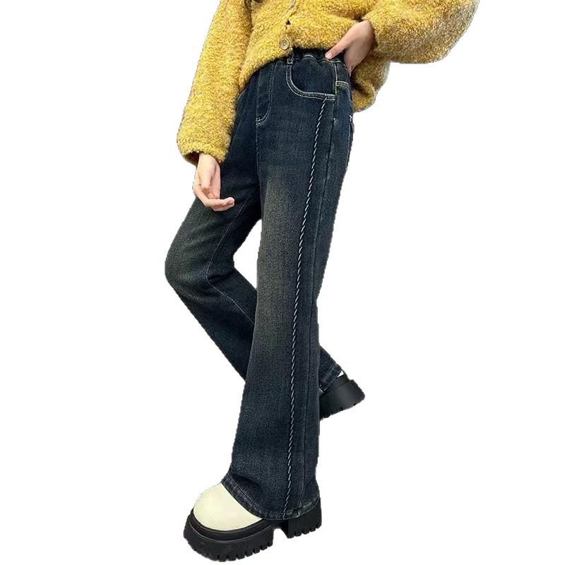 Girls' Plus Velvet Flared Pants - Stylish Slim Fit Autumn/Winter Jeans for Older Children and Students