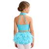 Girls Shiny Tassel Feather Latin Dress Halter Sleeveless Strappy Back Crop Top Skirt Set