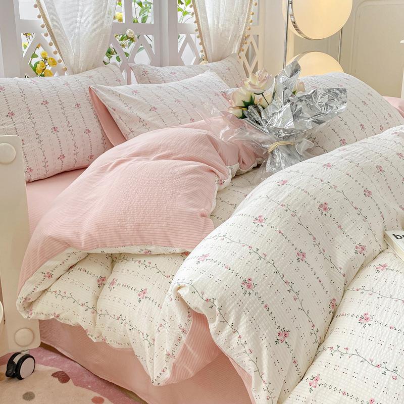Class A Maternal Infant Grade Small Fresh Super Soft Bubble Cotton 4-Pcs Set Washed Cotton Quilt Cover Dormitory 3-Pcs Set Bed Hat