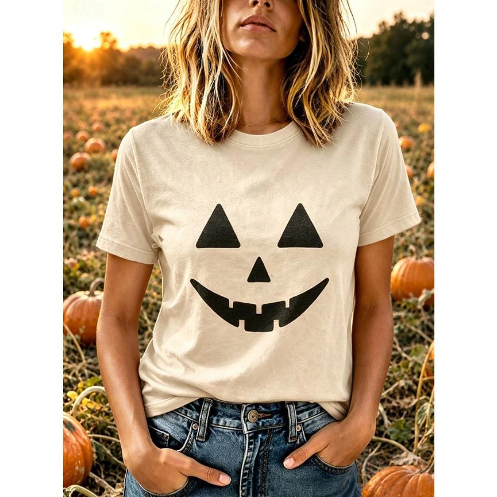 Moda Feminina Retrô Criativa Estampa de Cabeça de Abóbora Camiseta Engraçada Casual Gola Redonda Manga Curta Camiseta de Verão Feminina Edição Limitada de Halloween