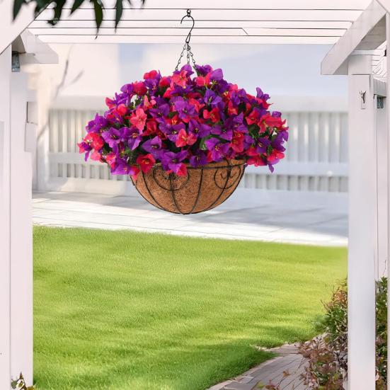 1/2Pcs Hanging Artificial Bougainvillea Speetabilis with Coconut Palm Flower Basket UV Resistant Fake Flower Indoor Outdoor Faux Bloom Decoration