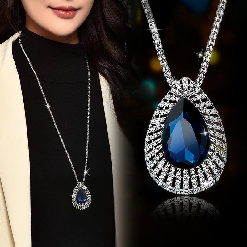 Korean Crystal Water Drop Long Sweater Necklace - Elegant High-End Women s Accessory серебряный