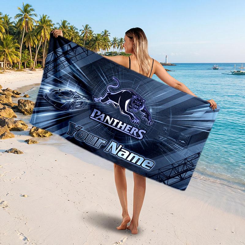Penrith Panthers Customized Name Text Beach Towel, Soft Absorbent Towel Beach Pool Travel Personal Gift