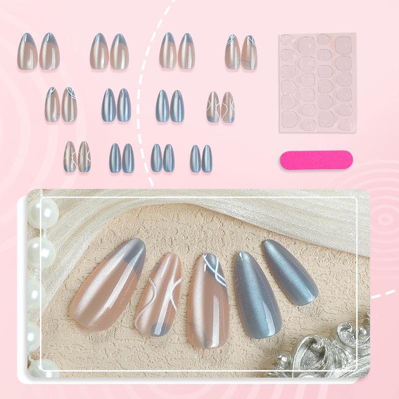 30PCS High-Quality Blue Cat Eye Striped French False Nails - Elegant Full-Size Wearable Nail Tips