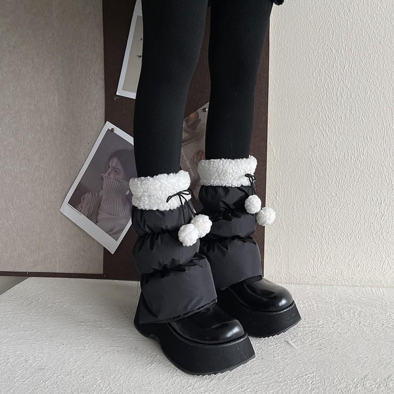 Womens Winter Fleece-Lined Knit Leg Warmers With Lace Trim Pom Poms Mid-Calf Stylish Socks Teens Adults