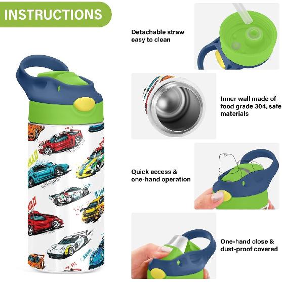 Boccsty Bright Race Car Truck Kids Water Bottle with Straw Lid Sport Cars ulated Stainless Steel Reble Tumbler for Boys Girls Toddlers 12 oz Green