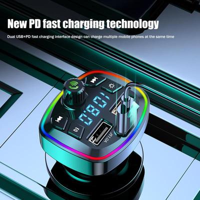 Car Bluetooth 5.0 Charger Fm Transmitter Pd 18W Type-C Dual Usb Colorful Ambient Light Cigarette Lighter Mp3 Music Player