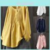 Cotton Linen Long Sleeve Shirt For Women With Pleated Round Neck Casual Style