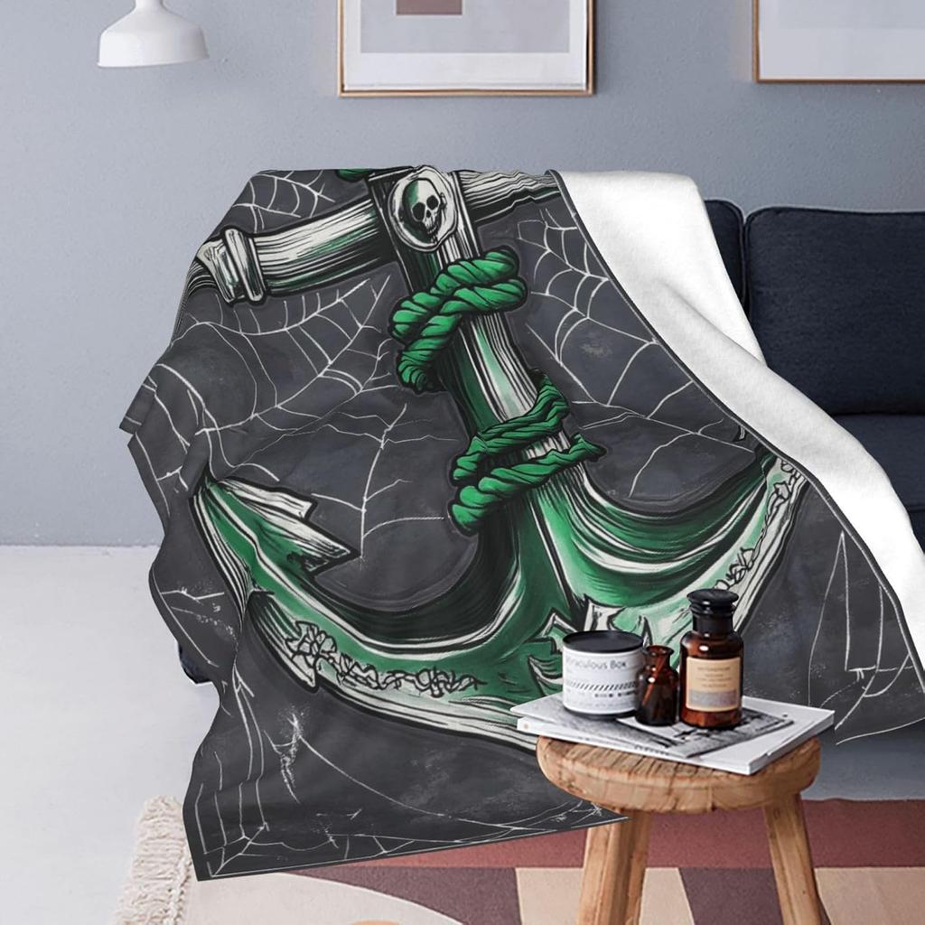 Cool Punk Anchor Skull Cobweb Dark Tone Art Flannel Blanket Soft Warm Throw for Couch Leisure Gothic Nautical Home Decor