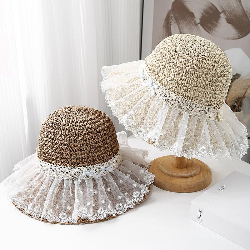 Bucket Hat Women's Summer Hat Lace Bow Straw Sun Hat Fisherman Cap Wide Brim Sunscreen Seaside Holiday Beach Accessories