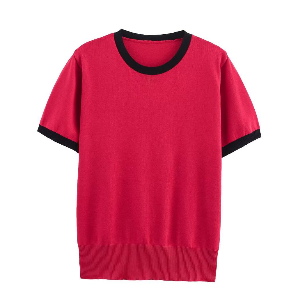 European and American French women's clothing, design, contrasting color round neck pullover knitted sweater