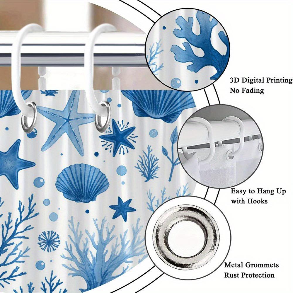 1Pc Blue Ocean Style Shower Curtain, Polyester Fabric, Machine Washable, Suitable For Bathroom Hotel Decoration