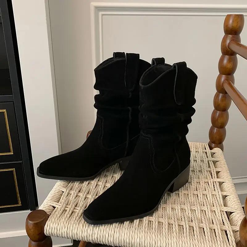 Fashion Spring Autumn Retro Square Toe Ladies Mid Calf Shoes on Promotion Y2k 2024 Comfortable and Elegant Work Women's Half High Boots