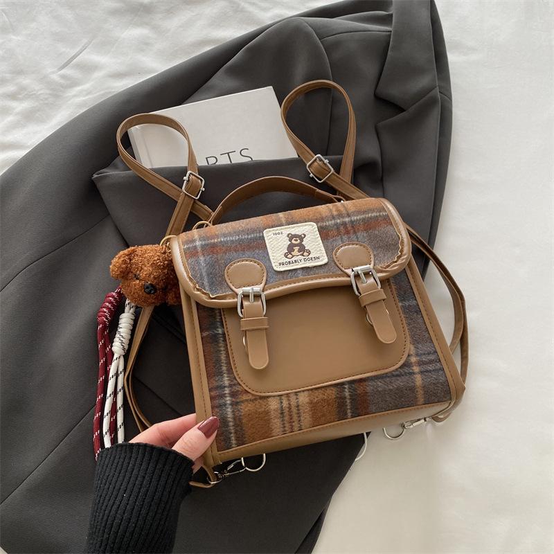 Woolen plaid portable small bag women's new trendy fashion college style backpack winter retro messenger bag