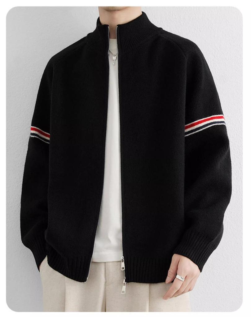 Unisex American Retro Color Block Cardigan Sweater with Stand Collar and Double Zipper for Autumn/Winter.