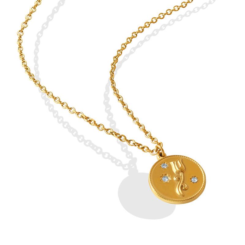 Gold-Plated Jewelry, Rose Zircon Round Brand Pendant Necklace, High-End Temperament Collarbone Chain