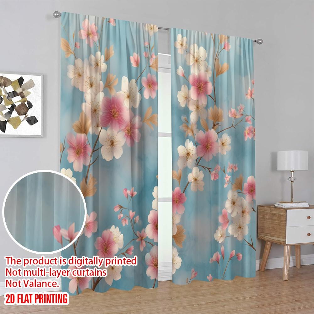 2 Stück, 2D-Flachdruck Vorhänge & Fensterdekoration Kirschblüten auf blauem Polyesterstoff (ohne Stange) Art Deco Festlich für