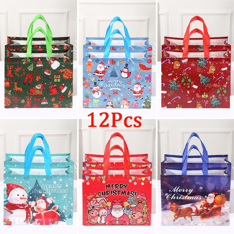 6/12Pcs Multifunctional Non-Woven Christmas Bags for Gifts Wrapping Shopping - Treat Bags with Handles, Xmas Party Supplies