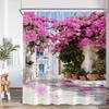 Green Vines Brick Wall Shower Curtain Pink Flowers European Garden Arch Door Bathroom Decorations Vintage Bath Curtain with Hook