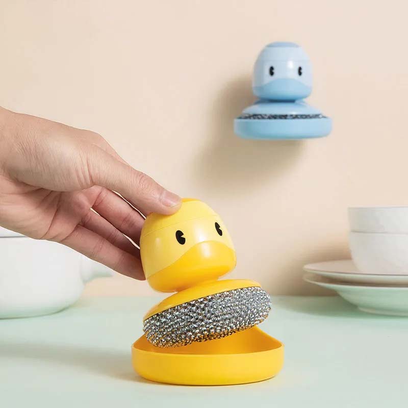 Little Yellow Duck Steel Ball Brush Hangable Squeeze Pot Wash Brushes Press Pan Bowl Brush Kitchen Cleaning Dish Bowl Cleaner Household Cleaning Tools
