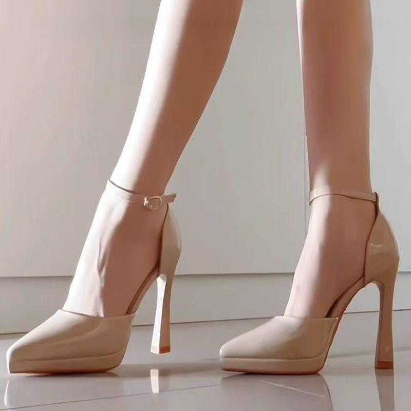 Buckle Small Fresh Festival High Heels Spring Summer Leather Sandals Lacquered Black Hollow Pointed Thick Heel One-word Girl