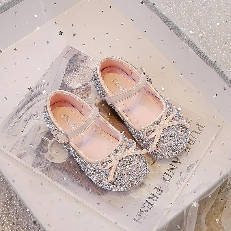 Girls' Rhinestone Crystal Princess Shoes2026Spring and Autumn Rhinestone Butterfly Cute Bow Solid Color Performance Shoes