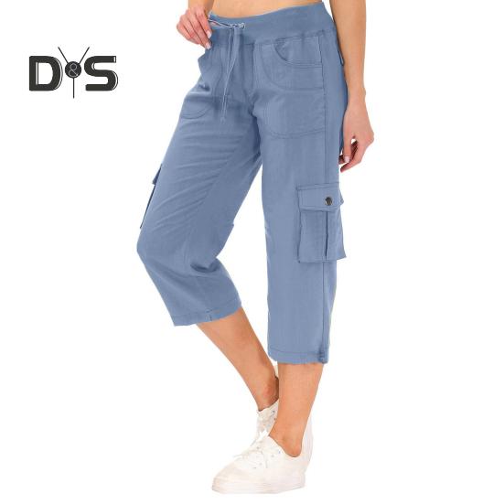 Cropped-Hose für Damen, elastischer Bund, verstellbarer Kordelzug, Wander-Cargohose mit mehreren Taschen, einfarbig, Kletterhose